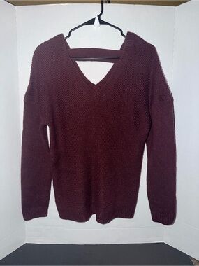 Poof! V-Neck Cutout Sweater in Burgundy